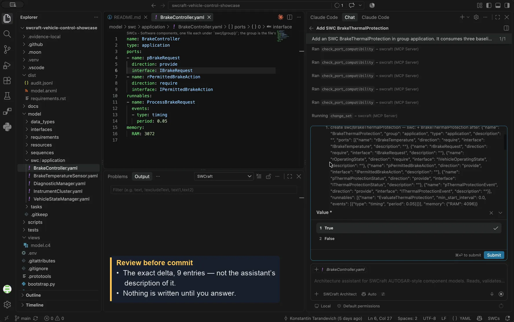 SWCraft in VS Code presenting an exact nine-entry change set for human review before committing it to the architecture model
