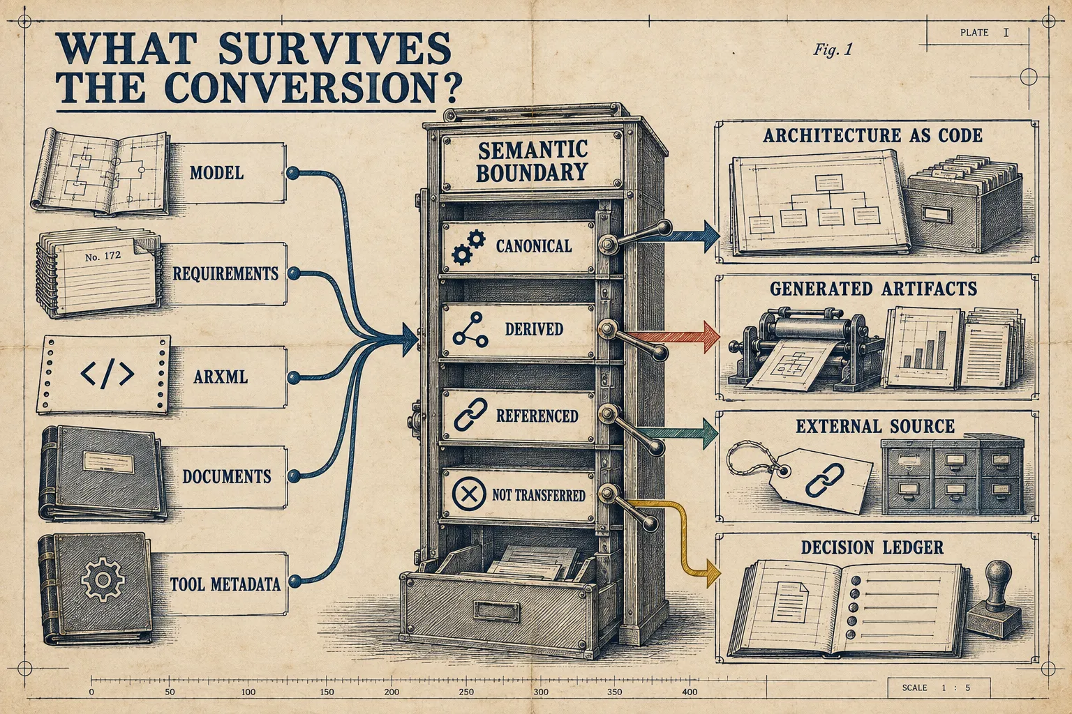 Early twentieth-century engineering plate showing models, requirements, ARXML, documents and tool metadata routed through a semantic boundary into canonical architecture, derived artifacts, external references or a decision ledger